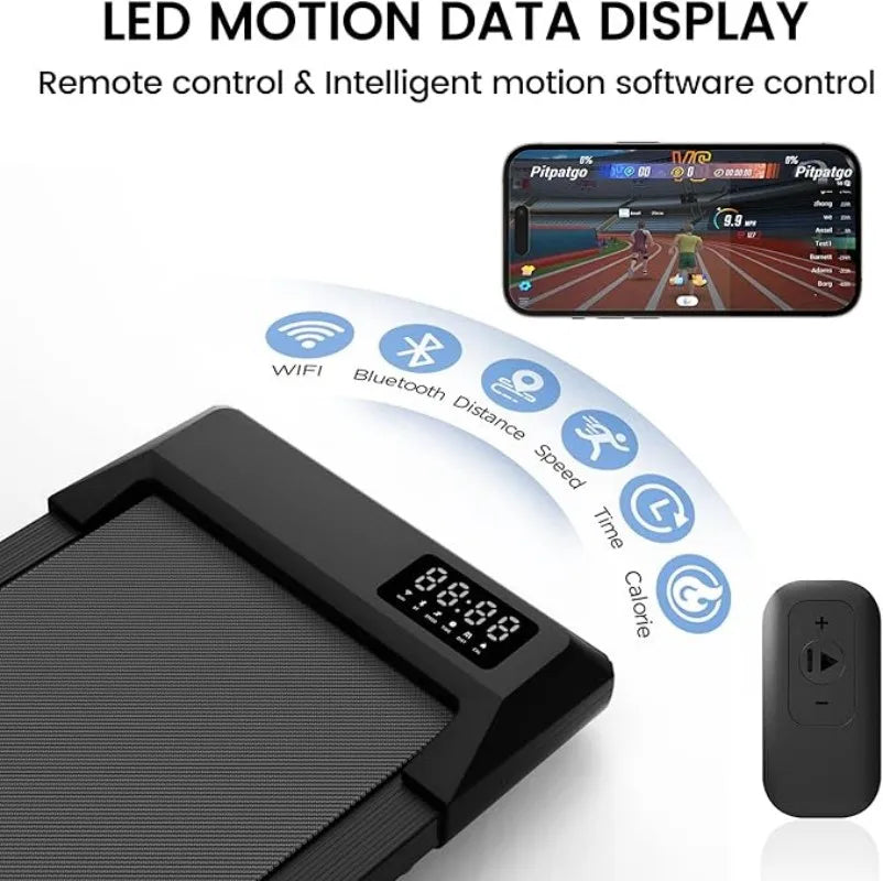 Black treadmill with LED motion data display and remote control, featuring Pitago brand on smartphone app.