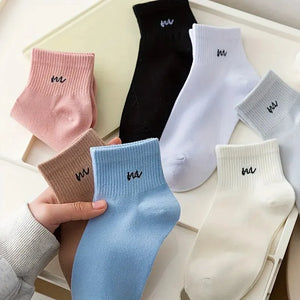 5-Pairs Letter Print Cotton Ankle Socks Comfy & Breathable Sports Short Socks Women's Soft & Comfy Short Socks