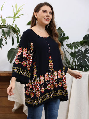 Plus Size Blouse Shirt for Women O Neck Long Sleeve Floral Print Casual Loose Blouse Oversized Tops
