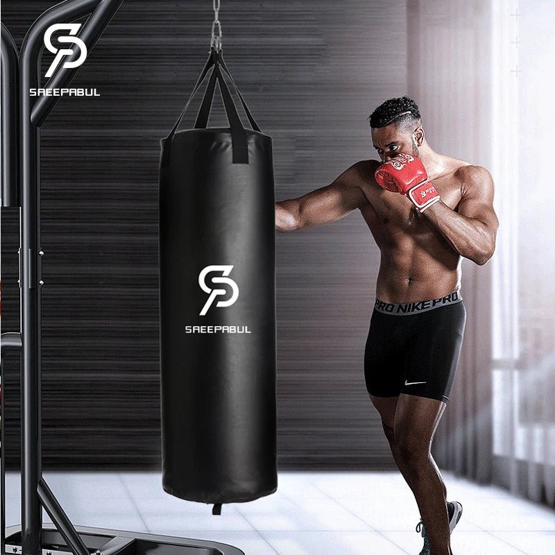 Man in boxing stance with a punching bag branded 'Saeepabul' in a gym setting.