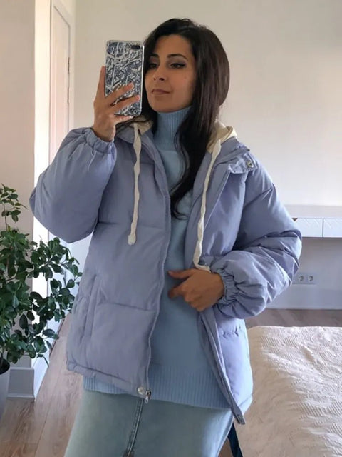 Down Jacket Women Short Thick Warm Spliced Oversized Loose Puffer Casual Winter Coat Outerwear
