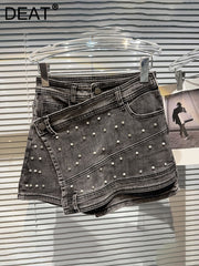 Women's High-Waist Irregular Chain Denim Skirt Spliced Gray Above Knee Mini Skirts
