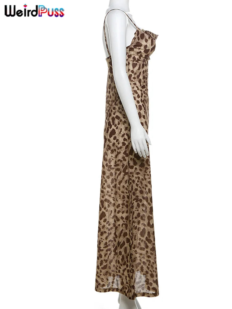 Leopard Print Satin Slip Dress – Sleeveless Cowl Neck Maxi Dress Spaghetti Strap Backless Ruffles Party Gown