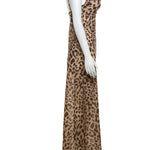 Leopard Print Satin Slip Dress – Sleeveless Cowl Neck Maxi Dress Spaghetti Strap Backless Ruffles Party Gown