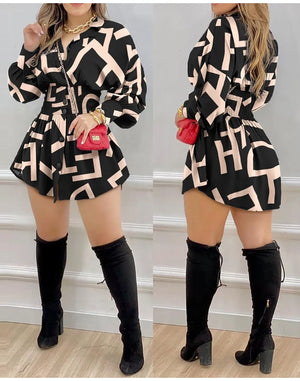 Sexy Long Sleeve Mini Dress Casual Print High Waist Shirt Dress Chic Spring Fall Dress