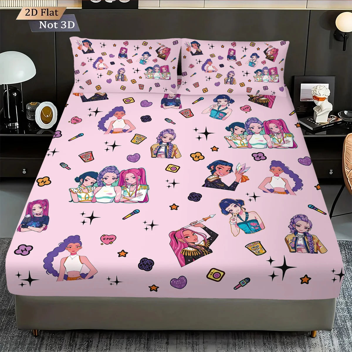 Bedding set with cartoon character design on a bed in a room setting.