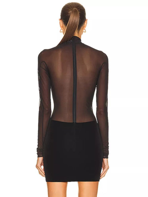 Mini Dress Women Turtleneck Long Sleeve Mesh Black Bodycon Bandage Elegant Evening Club Party Dress