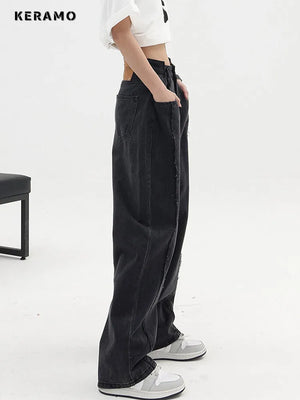 Women's Baggy  Long Jeans Black Wide Leg Trousers Streetwear Vintage High Waist Denim Pants Big Pocket