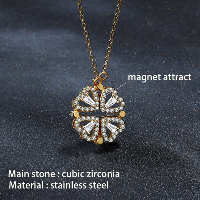 Shamrock Necklace Four Leaf Clover Heart Pendant 4 Crystal Heart Clover Gold Plated Stainless Steel Cubic Zirconia Necklace