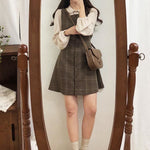 Cute Mini Sleeveless Vest Dress & Shirt Set for Women Retro Vintage Button Shirt & Plaid Dress
