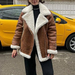 Long Sleeve Coat Faux Fur Lapel for Women With Zipper Pockets Thick Warm Jacket