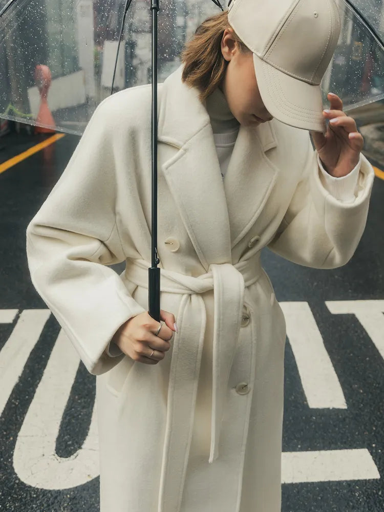 Women's Vintage Long Wool Coat With Belt Solid Double Breasted Chic Winter Overcoat