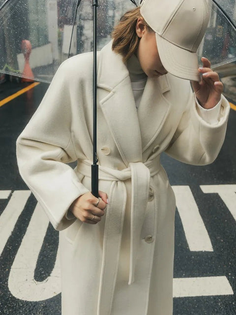 Wool Coat Women Vintage Long Solid Double Breasted Belt Chic Elegant Winter Overcoat Outerwear
