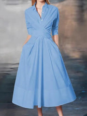 Women's Solid Color Long Sleeve Dress Elegant Spring/Summer Dress White, Blue, Watermelon