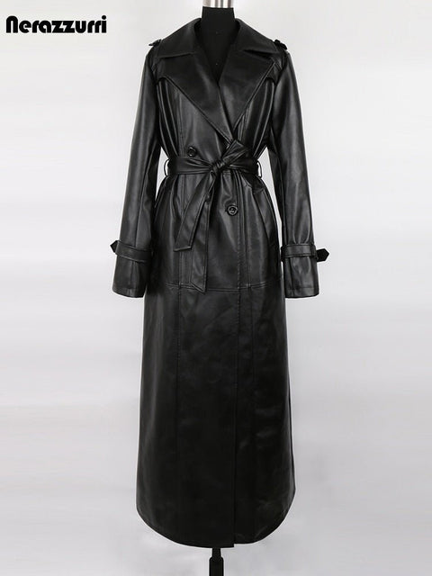 PU Vegan Leather Trench Coat Women Waterproof Luxury Elegant Chic Winter Outerwear Fashion