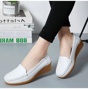 Women's Wedge Heel Shoes New Leather Slip On Loafers Casual Flats