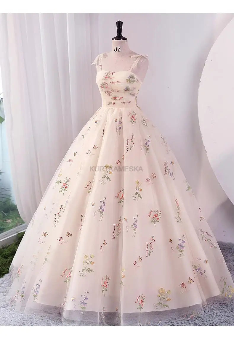 Elegant Floral Embroidered Ball Gown Formal Dress for Prom Wedding Guest