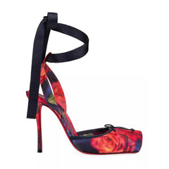 Stunning Black Satin High Heel Sandals with 10cm Red Sole w/ Ankle Straps