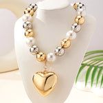 SteamPunk CCB Ball Bead Necklace – Vintage Pearl & Gold Heart Pendant Choker for Women