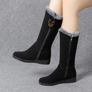 Women's High Faux Suede Boots Fur Lined Warm Winter Boots Mid-Calf Plush Flat Boots Zipper