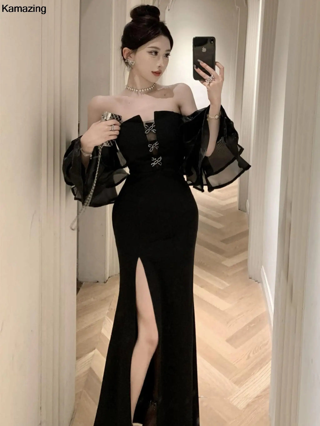 New Fashion Sexy Black Wedding Party Prom Dresses Elegant Slim Waist Side Split Spring Summer Off Shoulder Dress