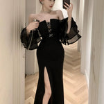 New Fashion Sexy Black Wedding Party Prom Dresses Elegant Slim Waist Side Split Spring Summer Off Shoulder Dress