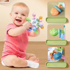 Baby playing with a colorful toy on a wooden floor with inset images of the toy.