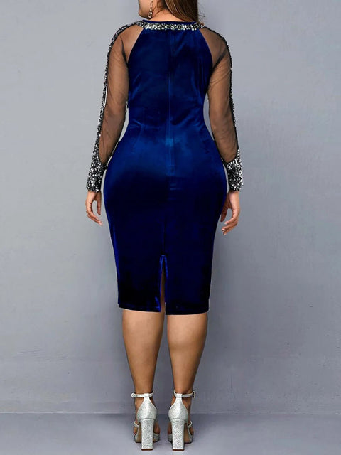 Navy Plus Size Sequin Bodycon Dress Women Long Sleeve Midi Party Evening Cocktail Elegant Stretchy