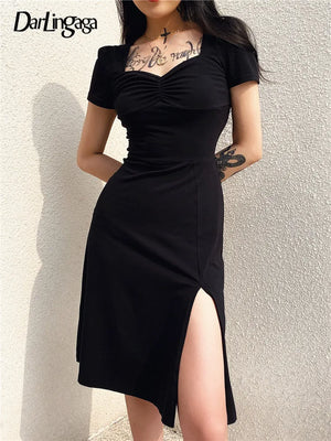 Chic Ruched Black Dress Square Neck Side Split Short Sleeve Casual Party Dress Vintage Gothic Summer Dress