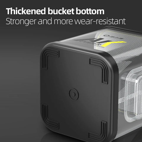 Black and transparent container with a thickened bucket bottom feature, on a dark background.