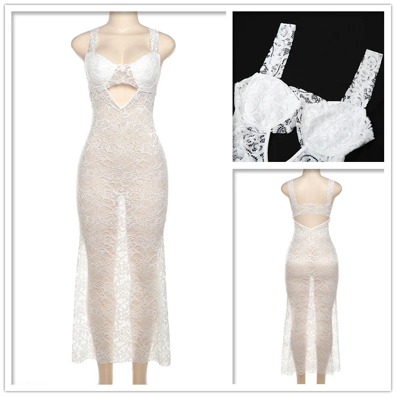 New White Lace Slim Bodycon Dress Women Spaghetti Strap Summer Dress Maxi Long Backless Nightclub Sexy Party Dresses