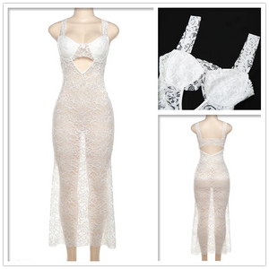 New White Lace Slim Bodycon Dress Women Spaghetti Strap Summer Dress Maxi Long Backless Nightclub Sexy Party Dresses