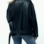 Women's Relaxed Fit Motorcycle Biker Jacket Black Faux Leather Jacket with Belt