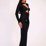 Elegant Black Cutout Long-Sleeve Evening Gown Hollow Out Maxi Dress