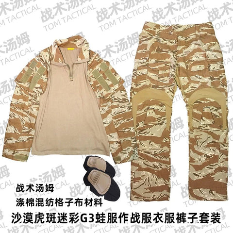 Camouflage military outfit with jacket and pants on a white background