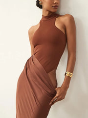 Sleeveless Satin Patchwork Hollow Out Long Dress for Women - Sexy, Elastic, and Elegant Maxi Evening Gown