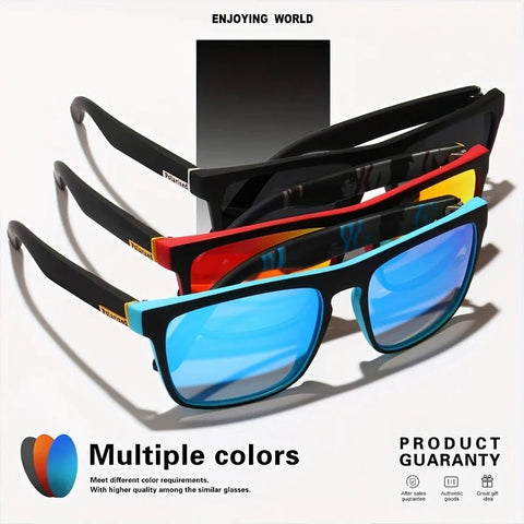 Sunglasses with black frames and blue lenses on a white background, featuring text about product quality and warranty.