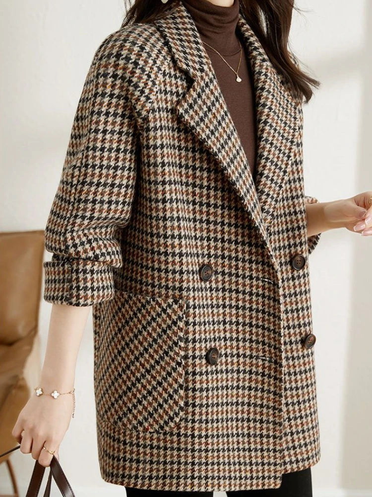 New Vintage Women's Plaid Wool Blazer Double Breasted Suit Jacket Loose Blazer Coat