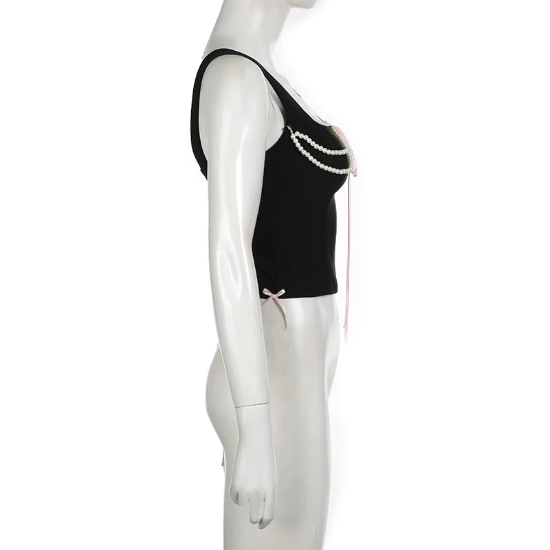 Vintage Fairy Core Corset Top Contrast Bandage Slim Tank Top Cute Sexy Clubwear Y2K Party Vest
