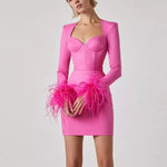 Women'r Sexy Long Sleeve with Feathers Hot Pink / Black Mini Bodycon Bandage Dress Elegant Evening Party Wedding Guest Dress