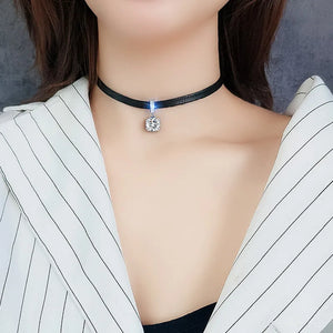 Glitter Shiny Cubic Zirconia Choker Pendant Sexy Black Leather Short Necklace for Women Aesthetic Jewelry Accessories