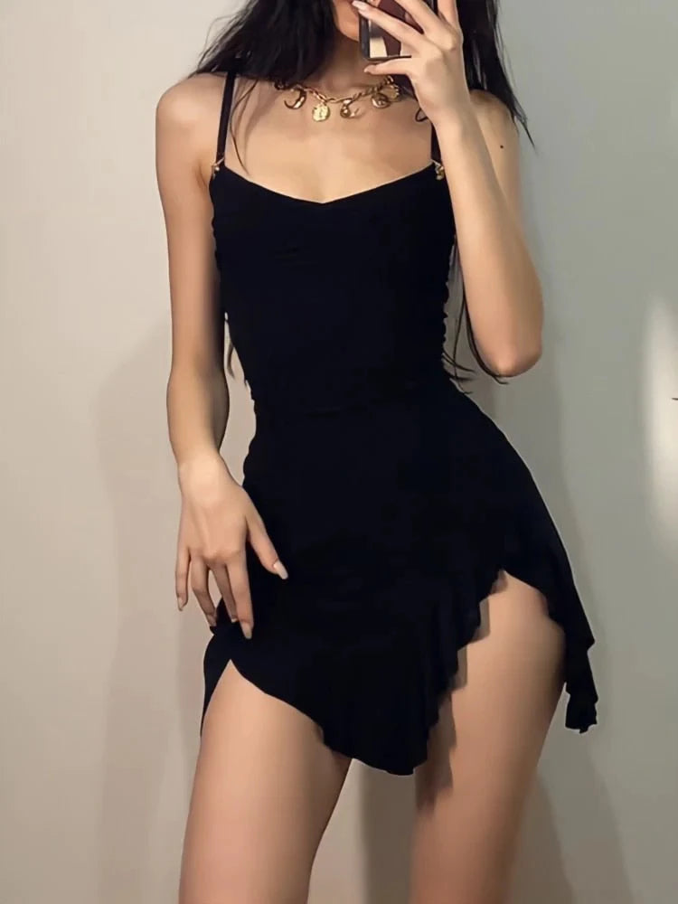 Elegant Black Ruched Asymmetrical Mini Dress Sexy Side Slit Ruffled Party Dress