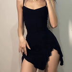 Elegant Black Ruched Asymmetrical Mini Dress Sexy Side Slit Ruffled Party Dress