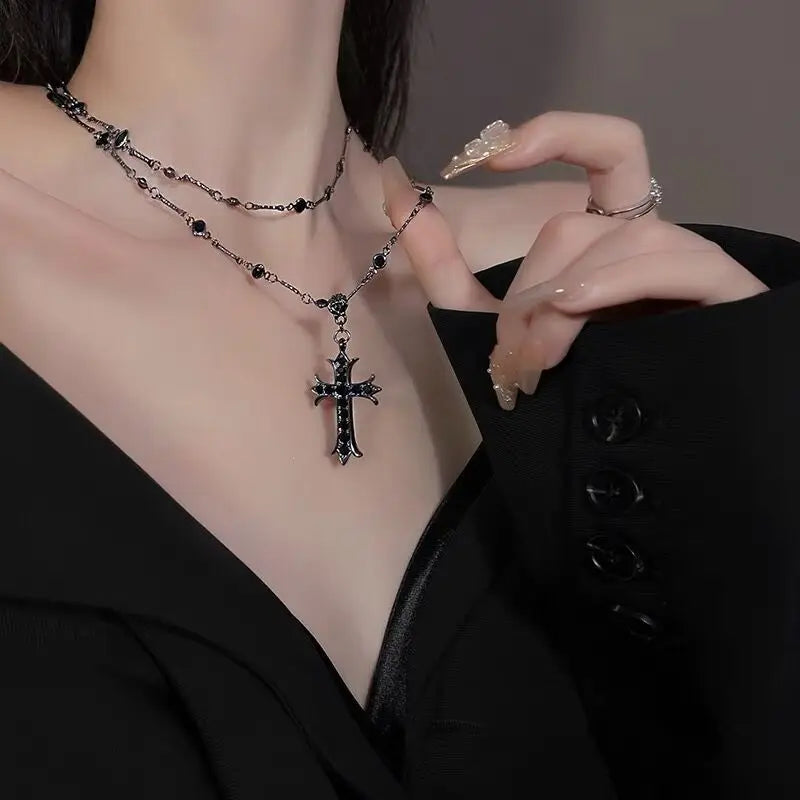 Women's Cross Necklace Vintage Black Zircon Bead Long Layered Pendant Necklace for Woman Goth Jewelry