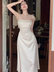 Women's Summer Spring Midi Dress Spaghetti Strap Elegant Satin Dresses Wedding Evening Prom Dress