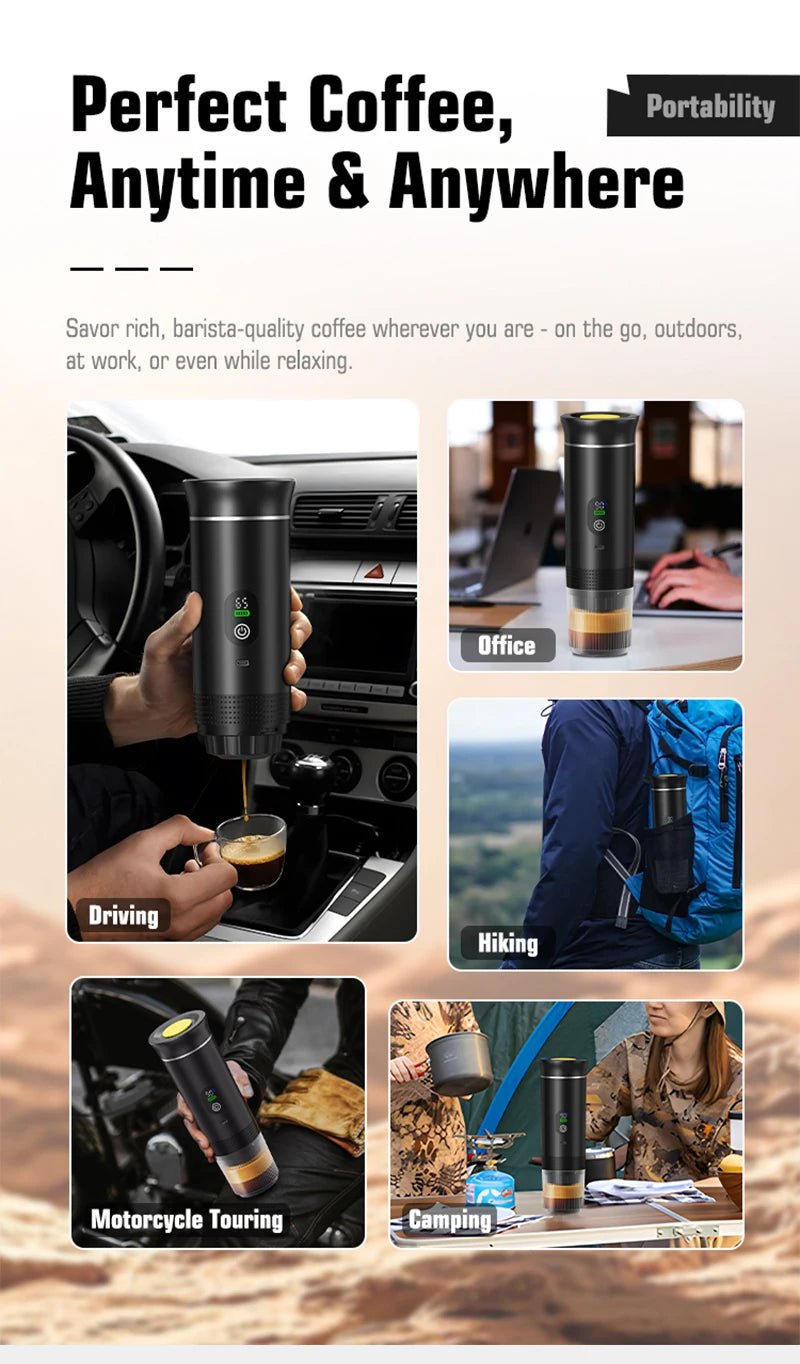 Coffee maker with various usage scenarios including office, hiking, driving, motorcycle touring, and camping.