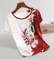 Women's Floral Print Blouse Pullover Satin Plus Size Short Sleeve Vintage Shirt