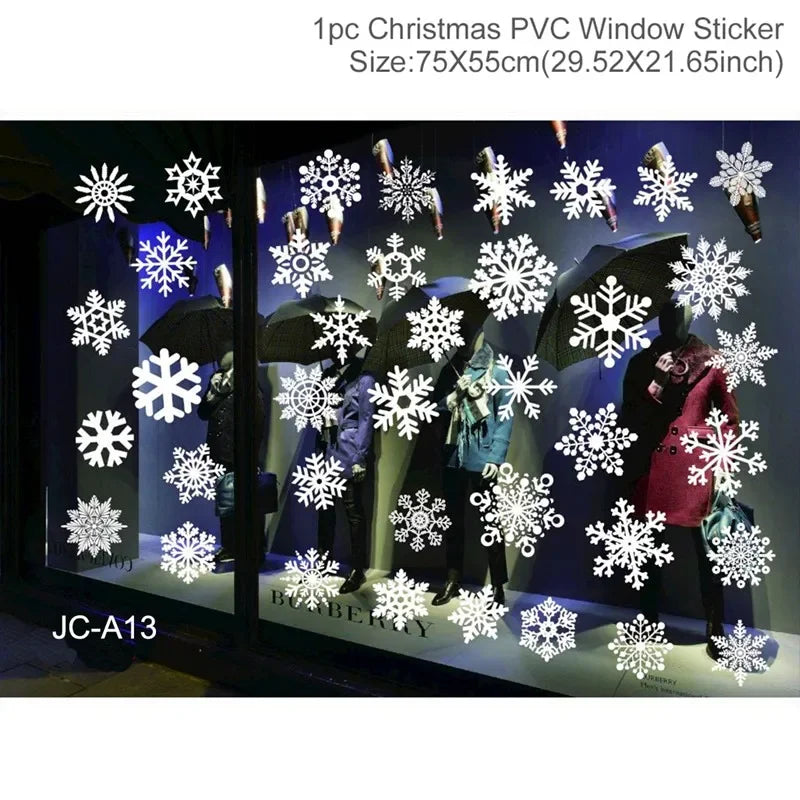 Christmas PVC window sticker with snowflakes on a store window display.