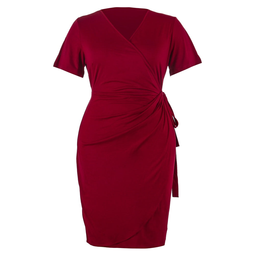 Elegant Wrap V-Neck Solid Lacing Short Sleeve Knee-length Dress