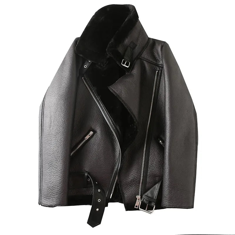 Women's Oversized Faux Leather Shearling Jacket with Zippered Closure in Black and White